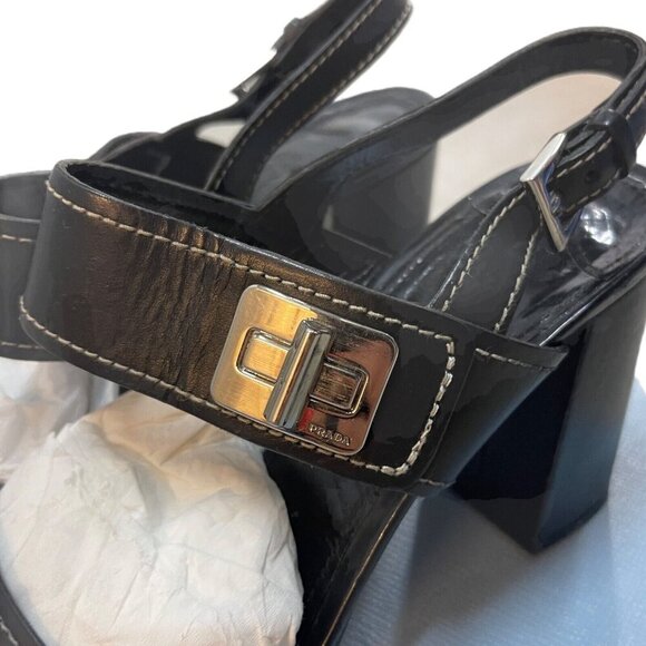 Prada Size 39.5 Leather Turnlock Slingback Sandals Black Block Heel Minimalist - Picture 6 of 15
